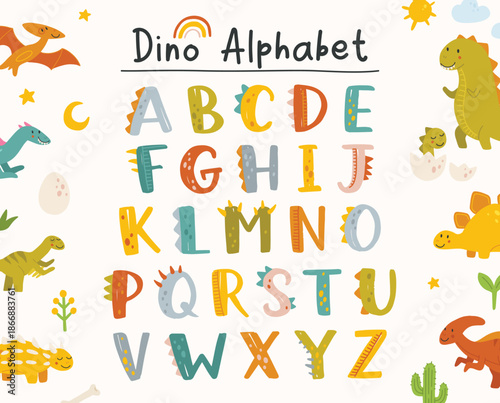 Colorful Dinosaur Themed Alphabet Letters for Kids Learning.