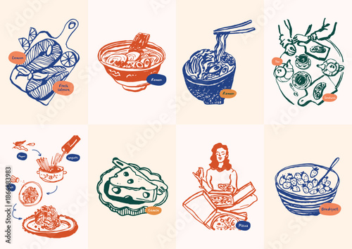 Colorful Illustrated Ramen Noodle Bowls Collection.