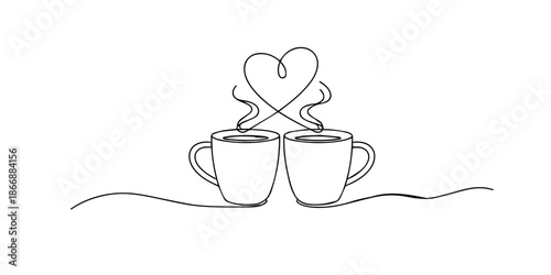 Continuous one line drawing of two steaming coffee cups with a heart shape above, symbolizing love, warmth, connection, and cozy romantic moments.