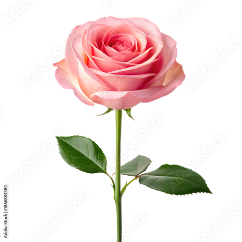A single, fully bloomed pink rose with a long green stem and leaves, set against a transparent background.