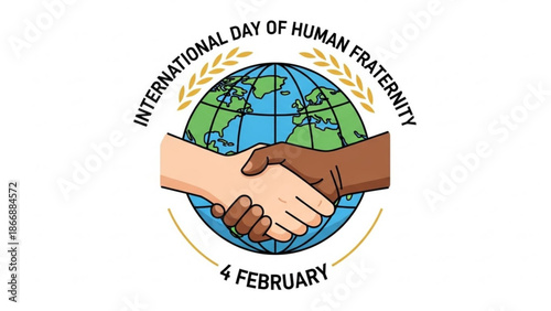 A vector graphic illustration of two hands shaking in front of a globe celebrating International Day of Human Fraternity
