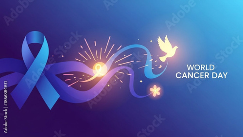 World cancer day awareness campaign with purple ribbon and dove flying free with cancer awareness and hope and health and medical and support
