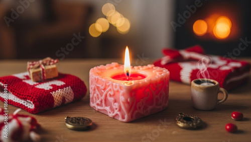 A cozy Christmas scene with a lit candle, gifts, and a cup of coffee on a wooden table
