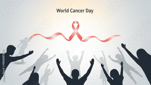 World cancer day awareness illustration with silhouettes of people raising hands and pink ribbon on light background with cancer awareness and health awareness