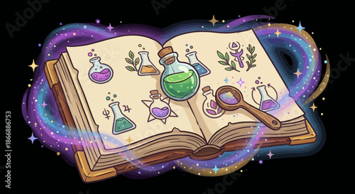 Magical spellbook filled with bubbling potions and mystical ingredients, surrounded by swirling cosmic energy