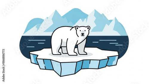 A polar bear stands on a melting iceberg with a mountain range in the background