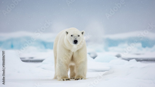 A polar bear stands alone in the Arctic snow and ice landscape