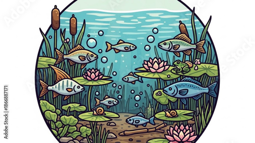 A colorful vector illustration of fish and aquatic plants in a serene pond ecosystem