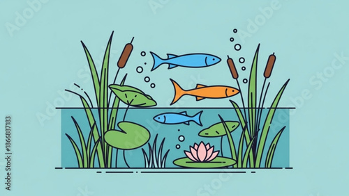 A colorful vector illustration of fish swimming in a pond with aquatic plants and flowers