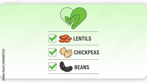A vector graphic illustration of a checklist featuring lentils, chickpeas, and beans with a green heart