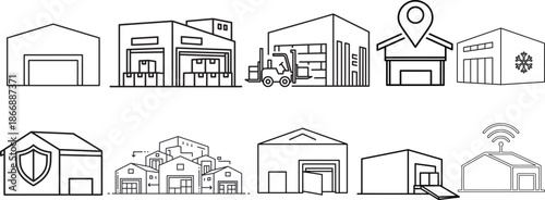 A comprehensive set of line art 10 icons depicting various warehouse types and logistics operations.