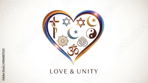 A colorful heart shaped icon with various religious symbols representing love and unity