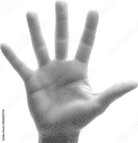 Human hand in halftone dot pattern reaching out or showing a stop gesture.