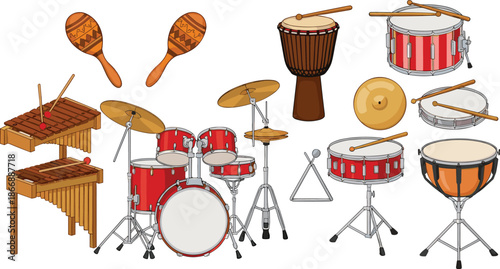 Percussion musical instruments vector set with drums maracas xylophone cymbals and rhythm equipment isolated on white