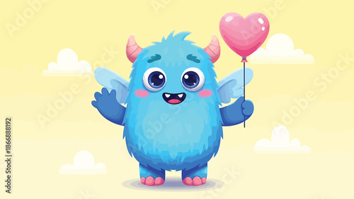 Adorable Blue Monster with Heart Balloon A Charming Cartoon Illustration.