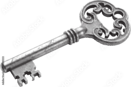 Ornate skeleton key in halftone dot style, a vintage symbol of access and mystery.