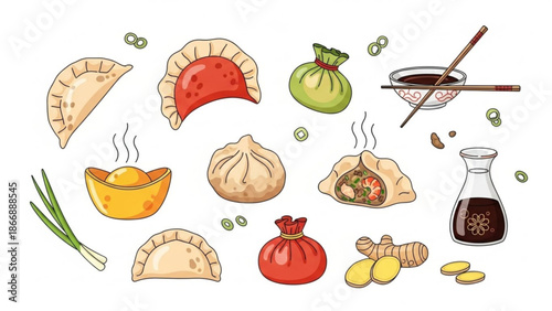 A colorful vector illustration of various Asian dumplings and food items on a white background