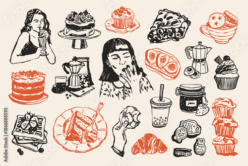 Hand Drawn Illustrations of Desserts Coffee and Relaxed Women.