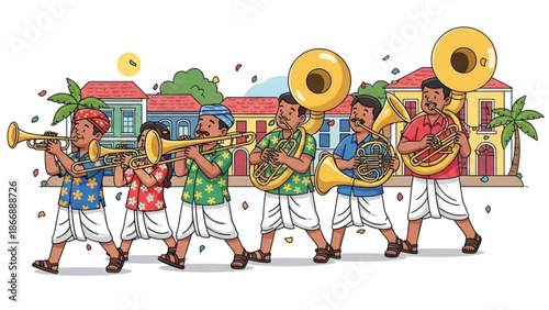 A vibrant cartoon illustration of a musical band marching in a festive parade with colorful houses in the background
