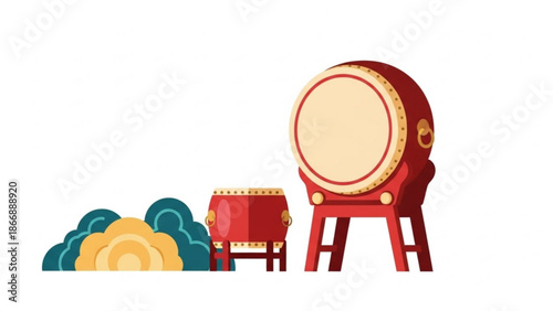 A vibrant illustration of traditional Chinese drums and decorative elements on a white background
