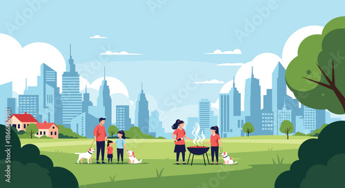 Families enjoying a relaxing barbecue picnic in a green urban park with their pet dogs and a modern city skyline in the distance.