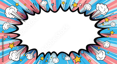 Energetic pop art style blank rectangular frame surrounded by colorful comic book explosions, stars, and dynamic sunburst rays.
