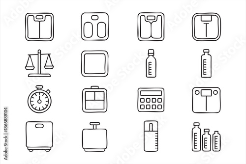 Bathroom Scale and Weight Measurement Line Icons for UI Design
