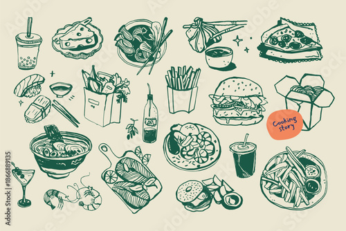 Hand Drawn Sketches of Assorted Fast Food and Asian Cuisine Items.