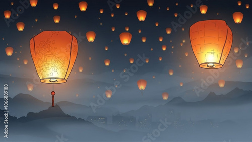 A serene and peaceful vector illustration of glowing lanterns floating in the night sky