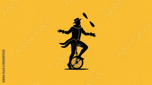 A minimalist vector illustration of a circus performer juggling on a unicycle