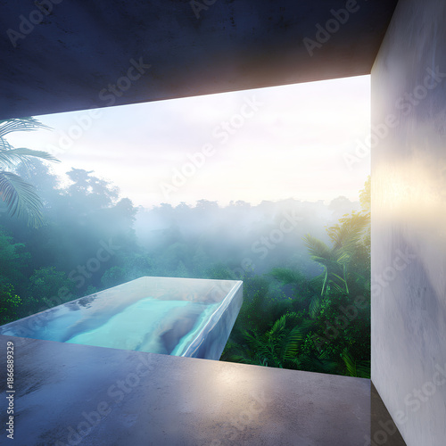 Cantilevered glass infinity pool over misty tropical jungle