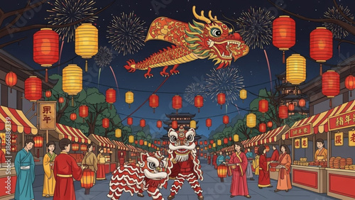 A vibrant illustration of a Chinese New Year celebration with a dragon dance performance in a crowded street market