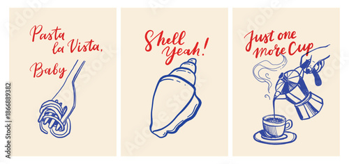 Humorous Pun Illustrations Featuring Pasta Baby Shell and Coffee Cup.