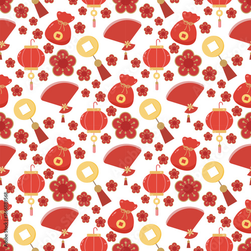 Seamless Chinese New Year Pattern with Red and Gold Elements