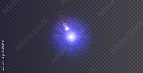 Light effect. Abstract purple star flash of light and laser beams with glitter. Isolated on transparent background. Art and web design vector