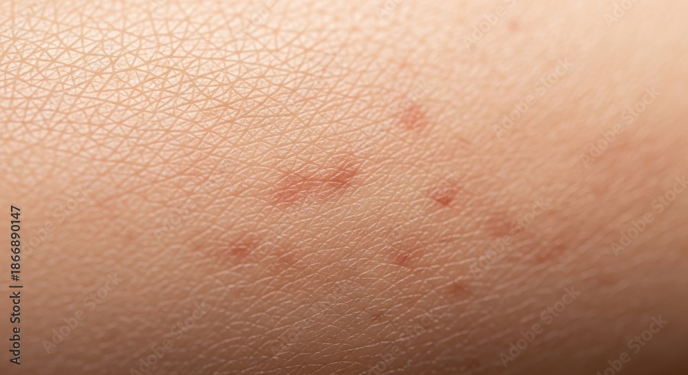 Fototapeta premium Macro shot of light skin showing small red rash patches, detailing the texture and skin tone. Focus on skin irritation, allergy symptoms, and dermatology close-up.