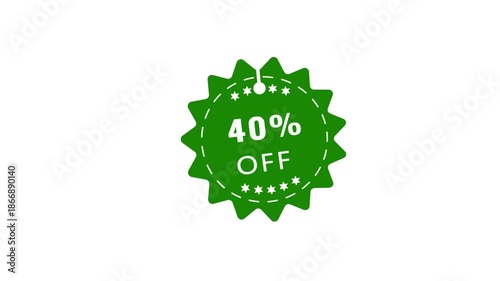 A vibrant green starburst shaped tag with white text reading 40% OF is displayed on a clean white background, representing a promotional discount or sale offer