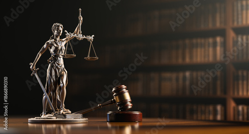 Legal Concept: Themis is the goddess of justice and the judge's gavel hammer as a symbol of law and order on the background of books