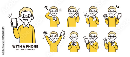 スマホを持つ高齢男性・おじいさんのシンプルな表情・ポーズセット＿上半身ベクターイラスト素材