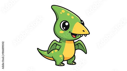 Adorable Cartoon Pterodactyl Dinosaur Character Illustration on White Background.