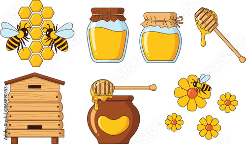 Honey and beekeeping elements set with jars, honeycomb, bees, hive and dipper flat vector illustration