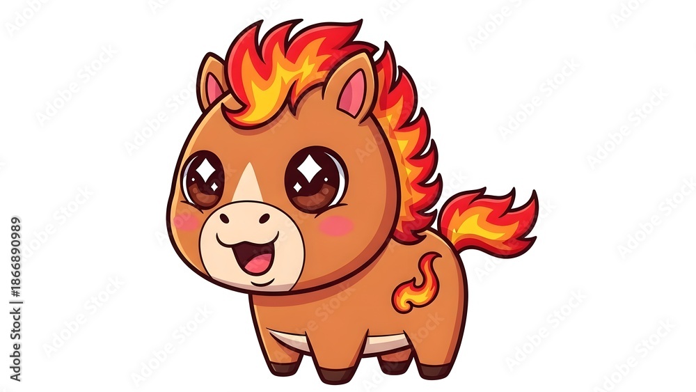 Obraz premium A cartoon pony with flames on its mane and tail stands happily in a simple background