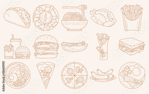 Line Drawing Collection of Fast Food Items and Snacks.