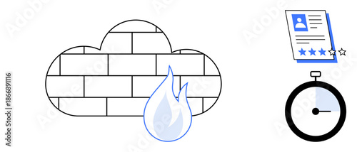 Brick-patterned cloud with flame, timer representing speed, and rating document symbolizing evaluation. Ideal for cybersecurity, protection, performance, rating, evaluation, IT solutions simple flat