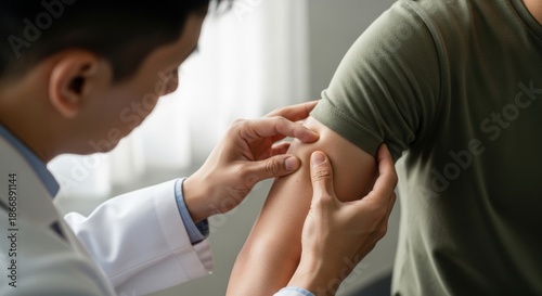 Wallpaper Mural A doctor in a white coat examines a patient's arm in a clinic, focusing on a potential skin issue under natural light. The scene conveys a medical consultation and care. Torontodigital.ca