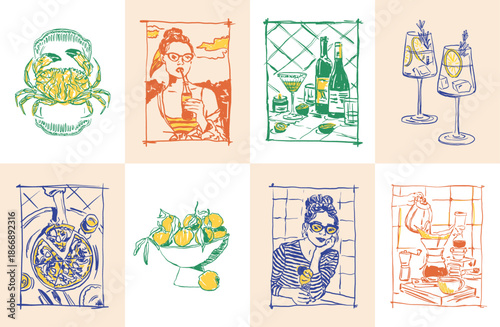 Vibrant Illustrations of Elegant Women Enjoying Cocktails with Citrus and Crabs.