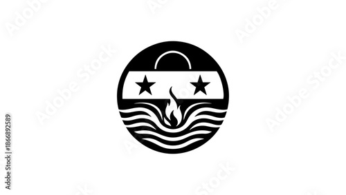 syria flag logo icon vector, Bold Black and White Emblem A Large Star Within a Circle, Surrounded by Smaller Stars and Dynamic Swirls, Evoking Power and Movement. Free Vector, Shanyrak, landoo norris,