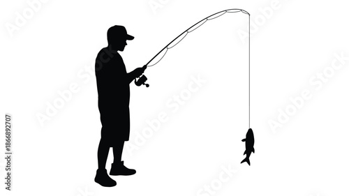 Fisherman silhouette holding fishing rod with fish on hook
