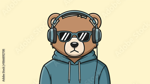 Cool Bear with Headphones and Sunglasses in Hoodie.
