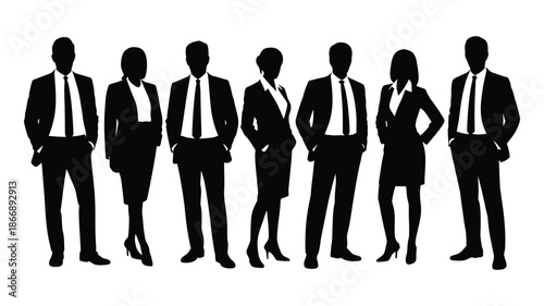 Business people silhouettes standing together representing teamwork, leadership, and corporate success
